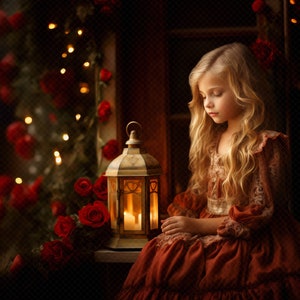 Puede incluir: Una niña pequeña con un vestido largo de color óxido se sienta junto a una ventana con una linterna encendida. La ventana está decorada con rosas rojas y luces parpadeantes.