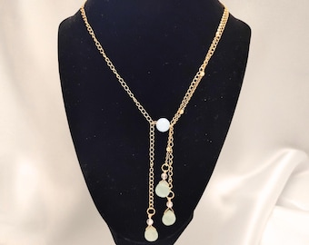 Green Aventurine & Aquamarine Necklace with clear quartz, 14k gold plated, Boho style, March Birthstone