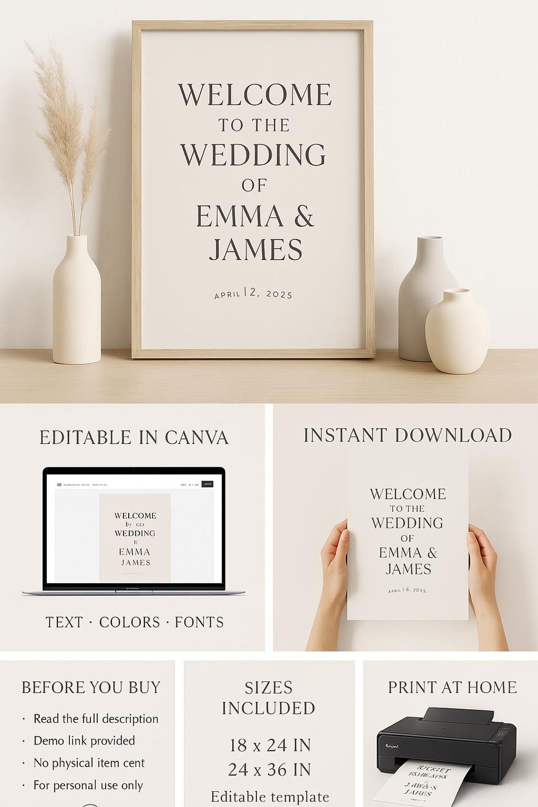 Modern Minimalist Wedding Welcome Sign • Editable Canva Template (18x24 ...
