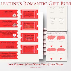 Könnte beinhalten: Ein romantisches Valentinstags-Geschenkpaket mit roten Gutscheinen für verschiedene Aktivitäten wie ein Kaffeetrinken, einen Filmabend und ein Abendessen. Enthält auch Open-When-Karten und Liebesbriefe, alle bearbeitbar in Canva.