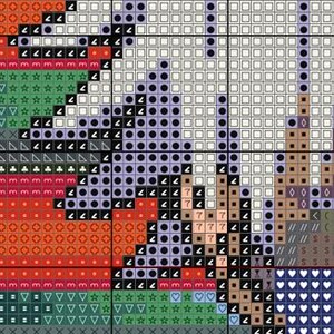 May include: Cross stitch pattern with a variety of colors and shapes, including red, orange, green, blue, and purple. The pattern features a variety of geometric shapes, including squares, triangles, and stars.