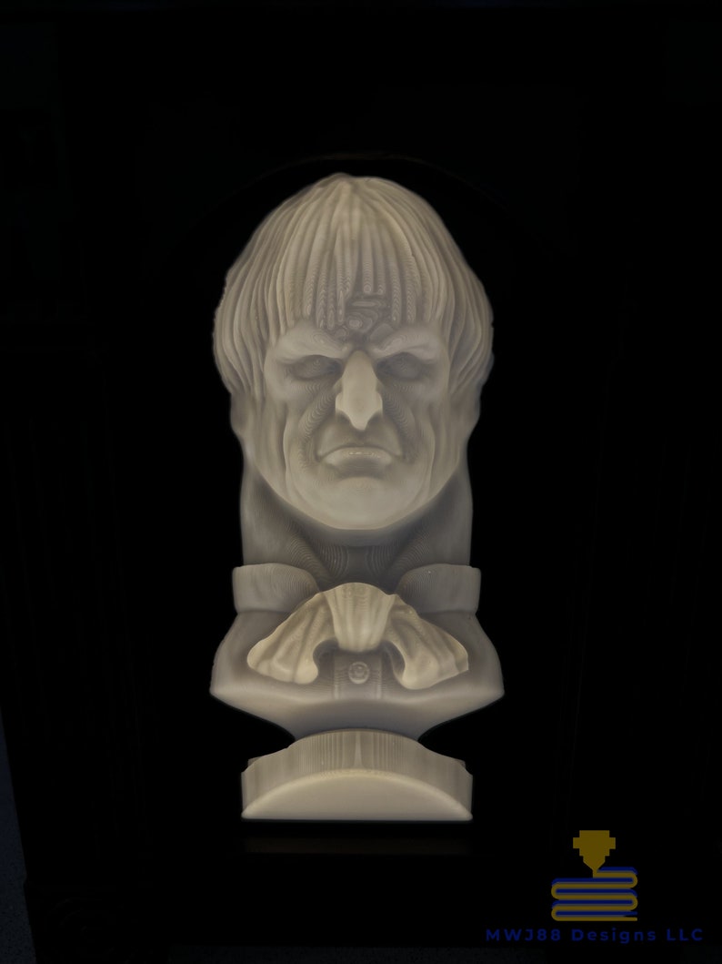May include: A 3D printed bust of a person with a short, wavy hairstyle. The bust is made of a light gray material and is mounted on a small base.