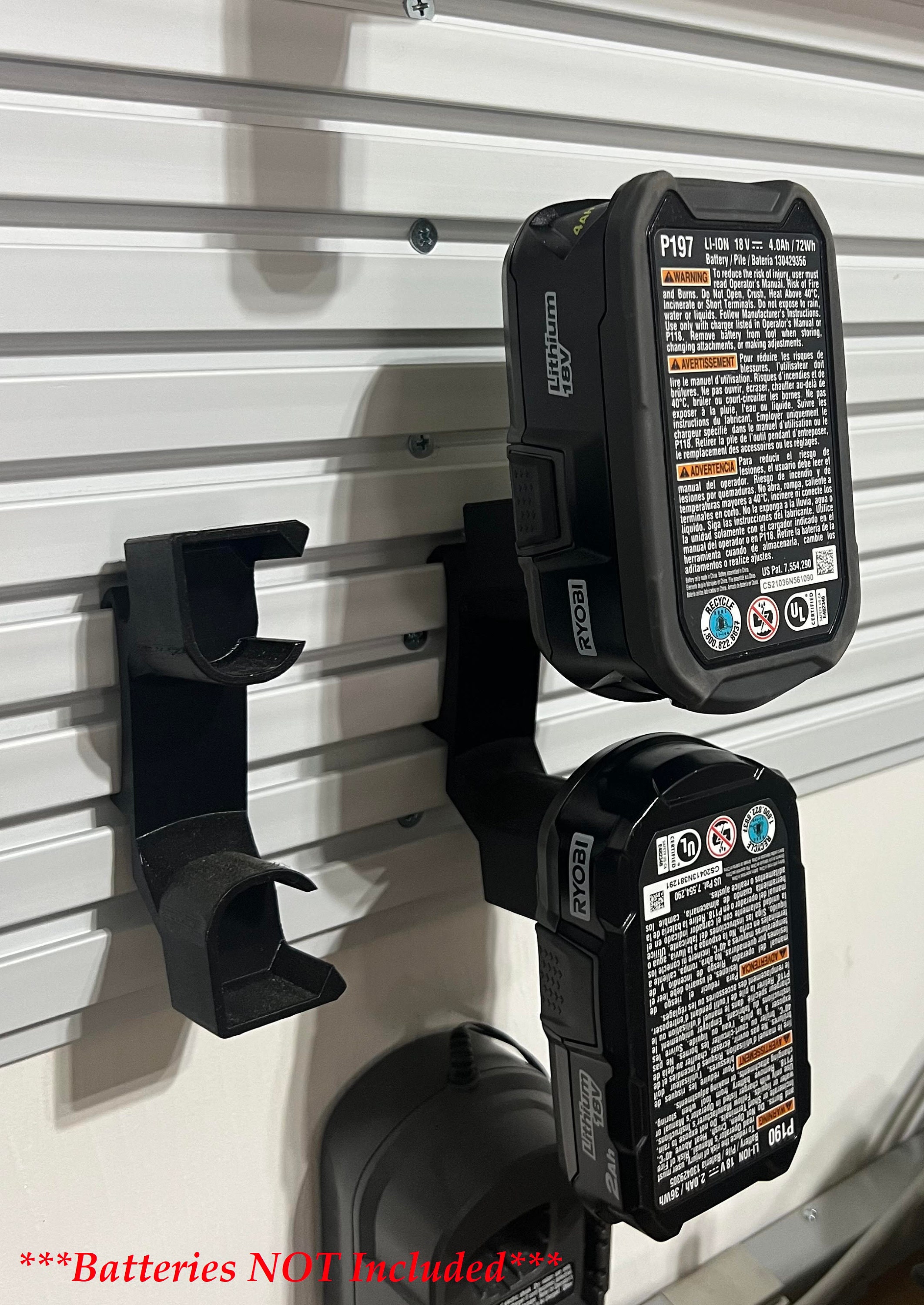 Ryobi 18V Battery Holder Mount for Rubbermaid Fasttrack Garage Wall