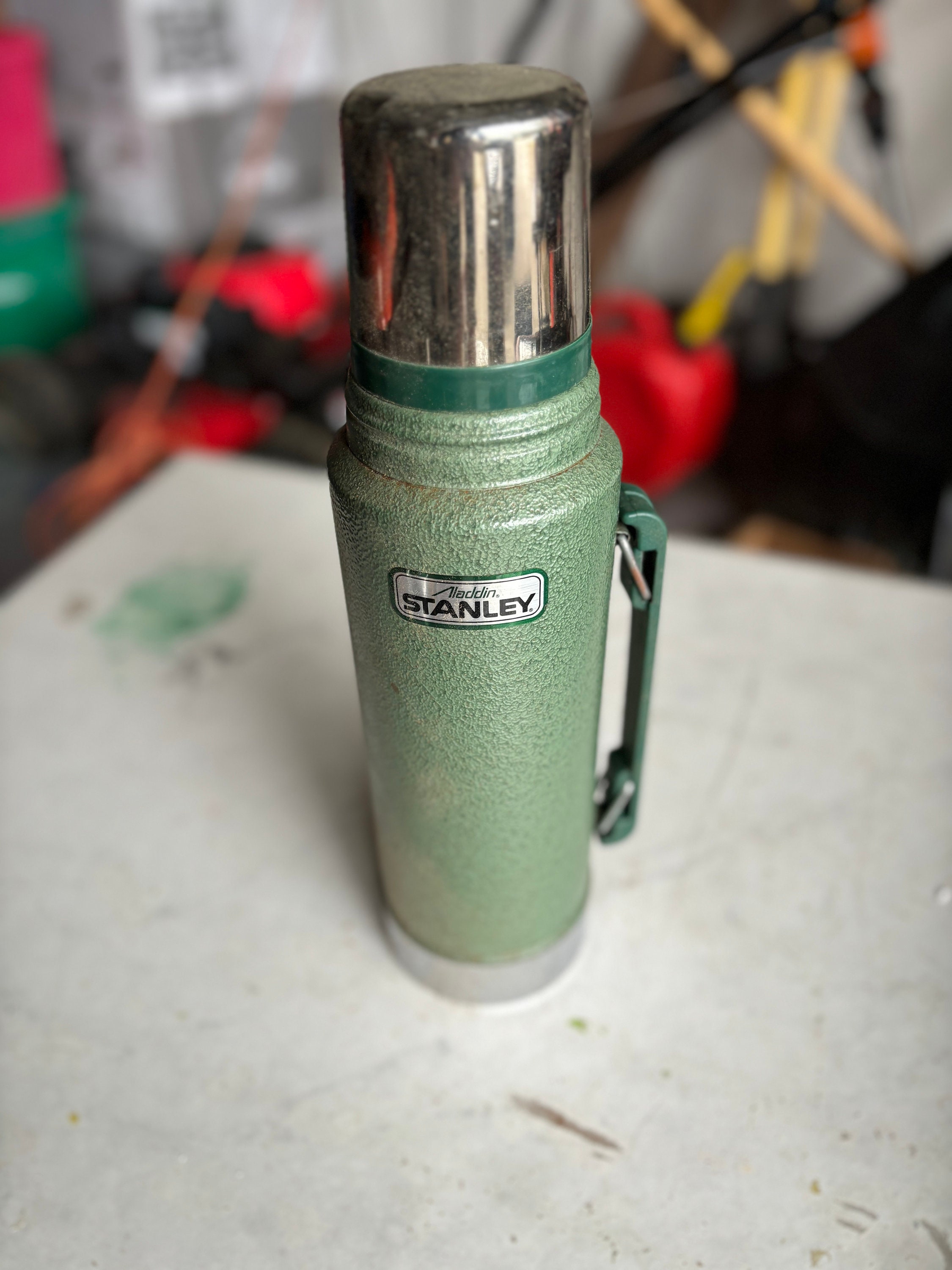 1950s vintage Stanley thermos, half-gallon vacuum bottle w/ old cork stopper