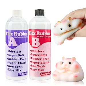 May include: Two bottles of Flex Rubber epoxy resin, labeled A and B, with purple and pink labels, respectively. The bottles are next to two white and pink hamster-shaped stress toys. The bottles have the following text: Odorless, Super Soft, Bubber Free, Super Elastic, Non Toxic, Easy Mix.