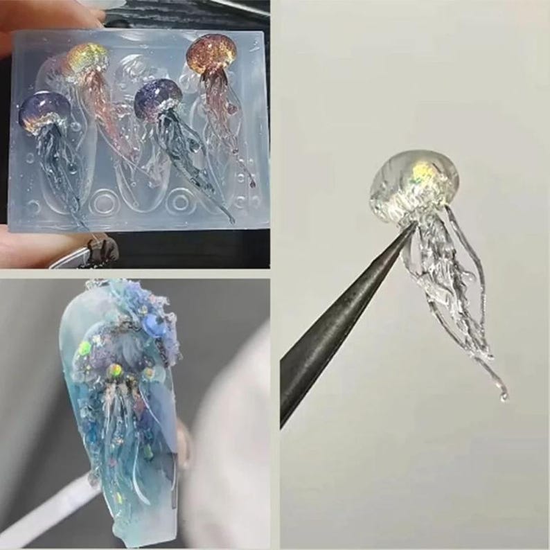 Puede incluir: Imagen que muestra componentes de arte de u&ntilde;as con tem&aacute;tica de medusas. Incluye un molde con varias medusas, una medusa individual sostenida por pinzas y un dise&ntilde;o de u&ntilde;as terminado. Las medusas tienen tapas iridiscentes y cuerpos transl&uacute;cidos.