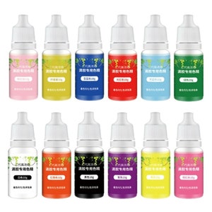 May include: Ten bottles of resin dye in various colours, including pink, yellow, blue, red, light blue, green, white, orange, black, and purple. Each bottle is labelled with the text "二代高浓 滴胶专用色精" and the colour name and weight in grams.