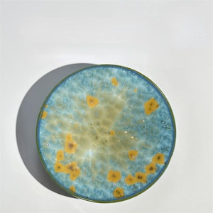 Puede incluir: Un plato redondo de cerámica con un esmalte azul y verde. El plato tiene un patrón moteado con acentos amarillos.