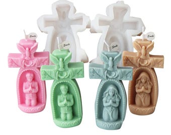 3D Angel Cross Candle Silicone Mold, Soft Flexible Template, DIY Handmade Scented Candle, Epoxy Resin, Church Decor, Prayer Virgin Sculpture