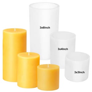 May include: A collection of cylindrical pillar candles and moulds. Three yellow wax candles are shown in varying heights. Three translucent white cylindrical moulds are labelled with dimensions: 3x6inch, 3x4inch, and 3x3inch, indicating their sizes.