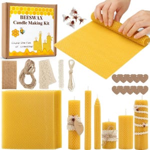 May include: A beeswax candle-making kit with a brown box, yellow honeycomb sheets, and various candle-making supplies. The kit includes decorative lace, twine, and finished candles of different shapes and sizes. The text on the box reads "BEESWAX Candle Making Kit".