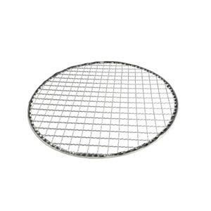 May include: A round, silver-colored wire grilling rack. The rack is made of a fine mesh wire and has a circular shape.