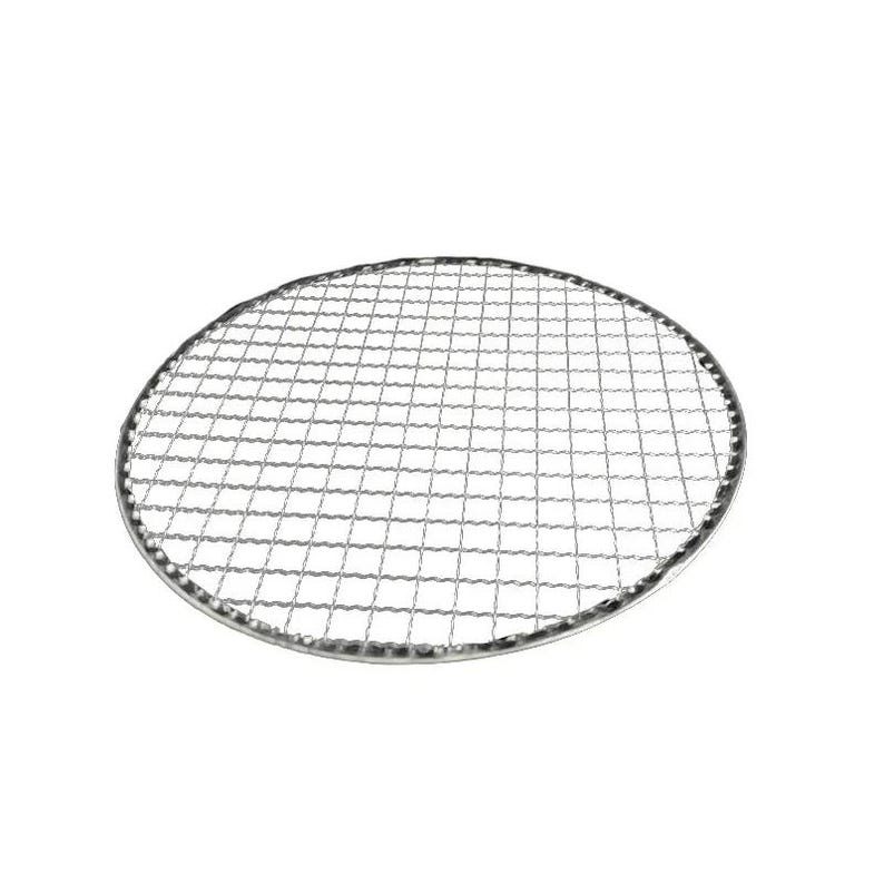 May include: A round, silver-colored wire grilling rack. The rack is made of a fine mesh wire and has a circular shape.