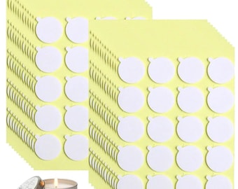 May include: A stack of 100 yellow sheets with white round stickers. Each sheet has 10 stickers. The stickers are blank and can be used for labeling candles, jars, or other items.