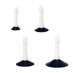 May include: Four white plastic training cones with black bases. The cones are of different sizes.