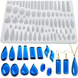 May include: A white silicone mold featuring numerous cavities in various geometric shapes including teardrops, ovals, and rectangles. Below the mold are finished blue resin jewelry pieces, including earrings and a pendant on a gold chain.