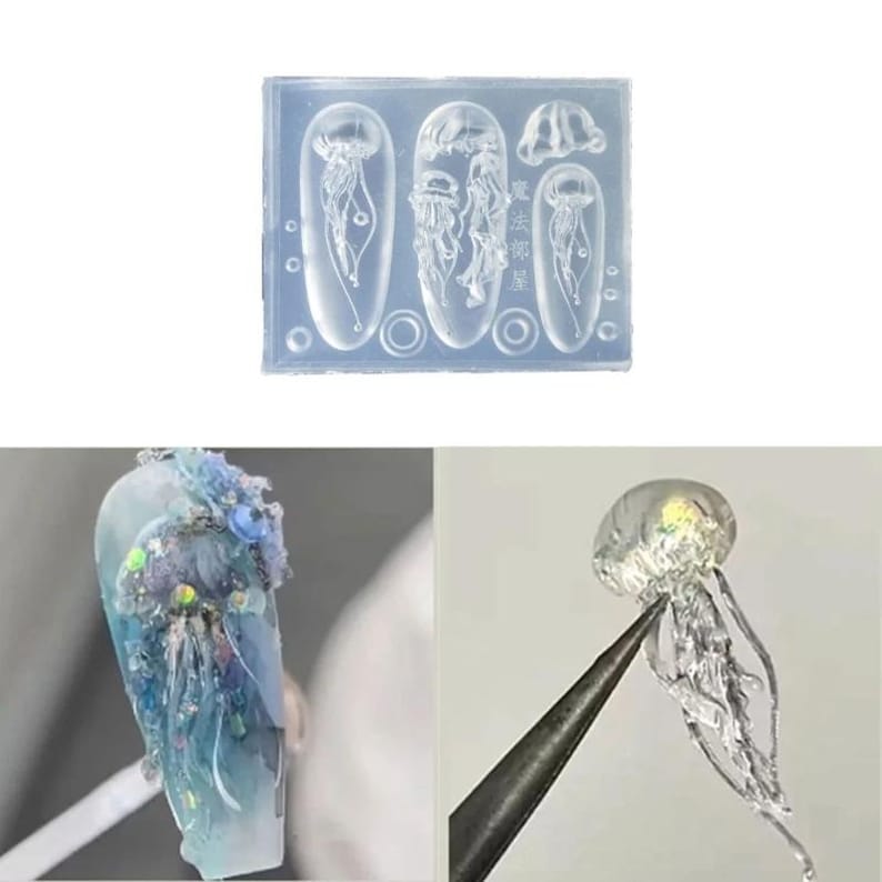 Puede incluir: Un molde de silicona transparente con dise&ntilde;os de medusas para nail art. El molde presenta varias formas de medusas en diferentes tama&ntilde;os, junto con un ejemplo de nail art terminado. La imagen tambi&eacute;n muestra un dise&ntilde;o de nail art terminado con una medusa.