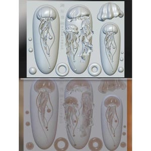 Puede incluir: Colecci&oacute;n de dise&ntilde;os de medusas modelados en 3D. Los dise&ntilde;os incluyen medusas con tent&aacute;culos detallados y cuerpos en forma de campana, junto con formas ovaladas, anillos y esferas. La paleta de colores es principalmente blanca y transl&uacute;cida, con algunos dise&ntilde;os en marr&oacute;n claro.