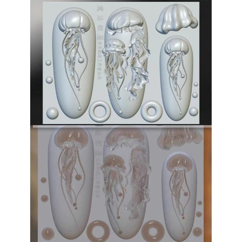 Puede incluir: Colecci&oacute;n de dise&ntilde;os de medusas modelados en 3D. Los dise&ntilde;os incluyen medusas con tent&aacute;culos detallados y cuerpos en forma de campana, junto con formas ovaladas, anillos y esferas. La paleta de colores es principalmente blanca y transl&uacute;cida, con algunos dise&ntilde;os en marr&oacute;n claro.