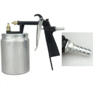 May include: A silver metal spray gun with a black handle and trigger. The gun has a cylindrical container attached and a nozzle for spraying. A close-up of the nozzle is shown in the inset.