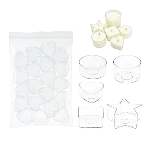 10/20 unidades de copos vazios de acrílico para velas tealight, pote de cera transparente, mini velas redondas com aroma de coração, copos transparentes e retardantes de chamas