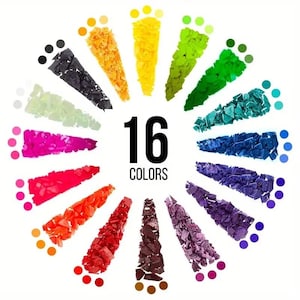 Può includere: Una disposizione circolare di 16 campioni di colore, ciascuno di una tonalità diversa, che irradiano da un punto centrale. I colori includono nero, giallo, verde, blu e viola. Il testo "16 COLORS" è al centro.