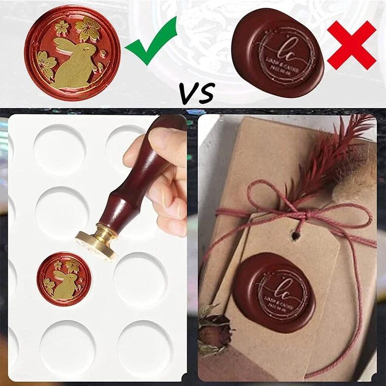 Op de afbeelding: Een vergelijking van twee waszegels. De eerste zegel is rood met een gouden konijnenontwerp. De tweede zegel is bruin met de tekst "Love & Grace" in gouden letters. De zegels worden getoond op een witte achtergrond met een vinkje en een kruis.