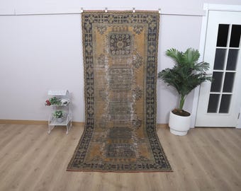 4x10 Vintage Turkish Wool Runner Rug, Handmade Oushak Rug