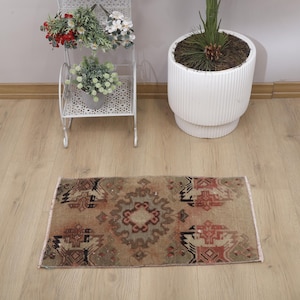 Vintage Turkish Wool Door Mat: Small Anatolian Rug (2.5 x 1.4 ft)