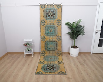 Vintage Türkischer Oushak Teppichläufer 3x30: Baumwolle Wolle Flur Teppich