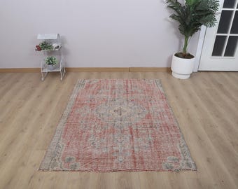 Vintage Oushak-vloerkleed, 4 x 6 ft, gedempt Turks wollen vloerkleed