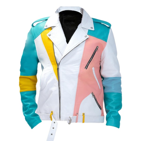Mens Vintage Retro Pastel Pink Blue Hip Hop Colorful Moto Sheepskin Real Leather Jacket - Handmade (Made to Order)