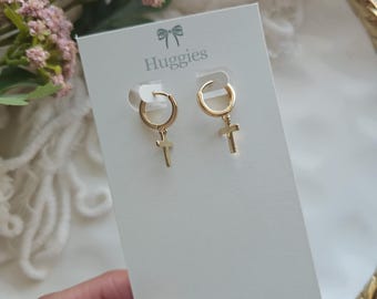 Brincos de argola com cruz banhados a ouro 18k | Joias minimalistas de fé, brincos para o dia a dia