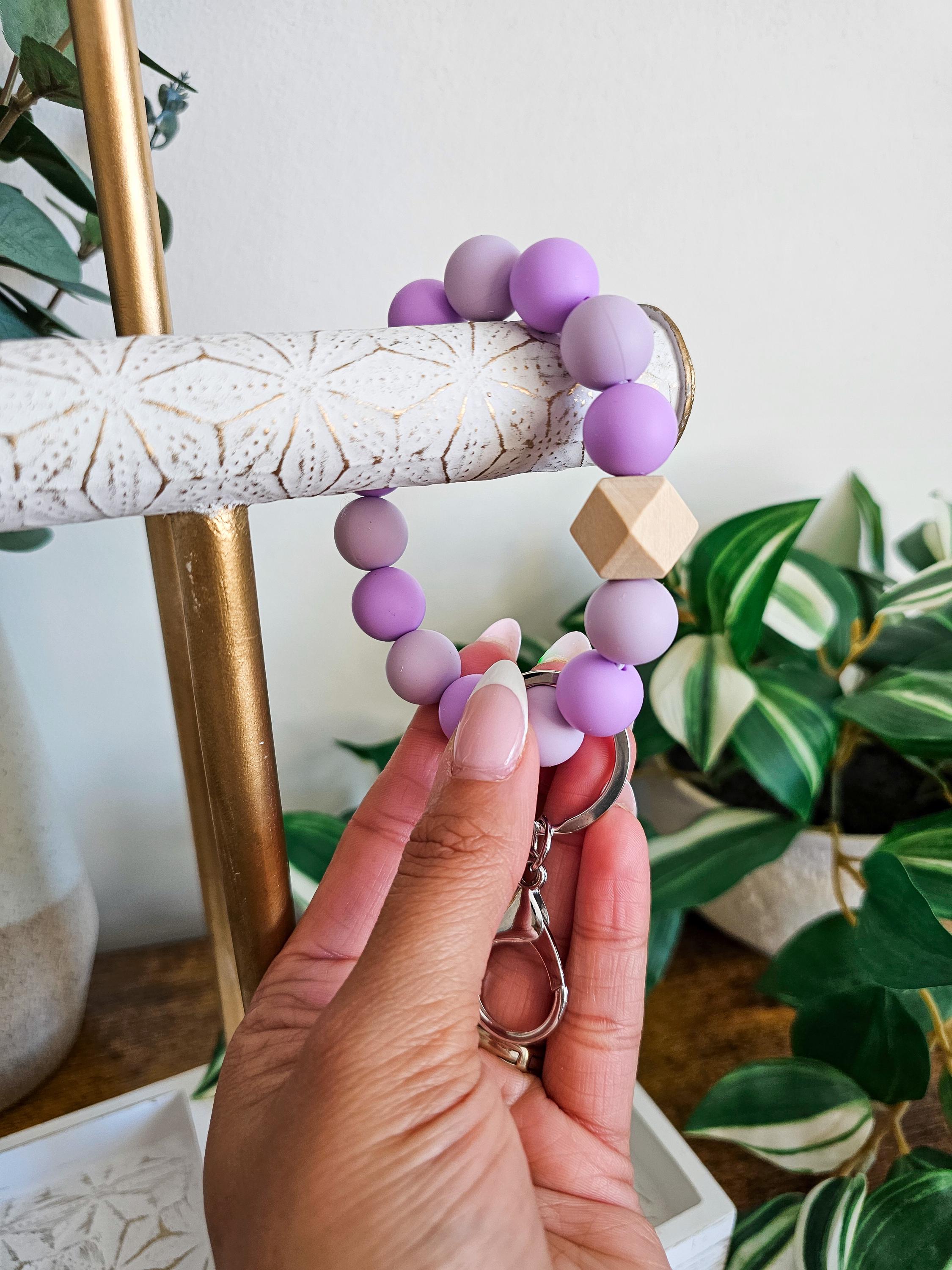 Silicone Beaded Bracelet Keychain With Butterfly Charm - Detachable Wristlet For Women & Girls, Purple