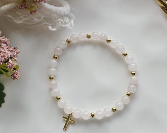 Pulseira Grace com Pedras Preciosas | Pulseira Cruz de Quartzo Rosa, Joia Minimalista em Ouro, Pulseira Delicada da Fé