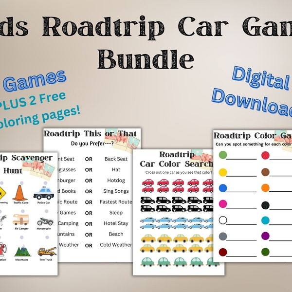 Kids Roadtrip Game Bundle; Digital Family Fun Games; Roadtrip games; Printable Games and Coloring