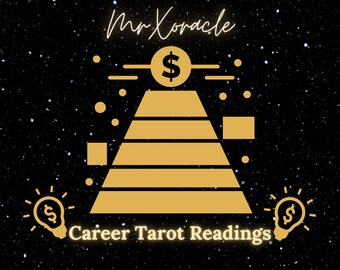 May include: A gold pyramid with a dollar sign on top, representing a career path. The text "Mr. Oracle" and "Career Tarot Readings" is written in white on a black background with white stars.