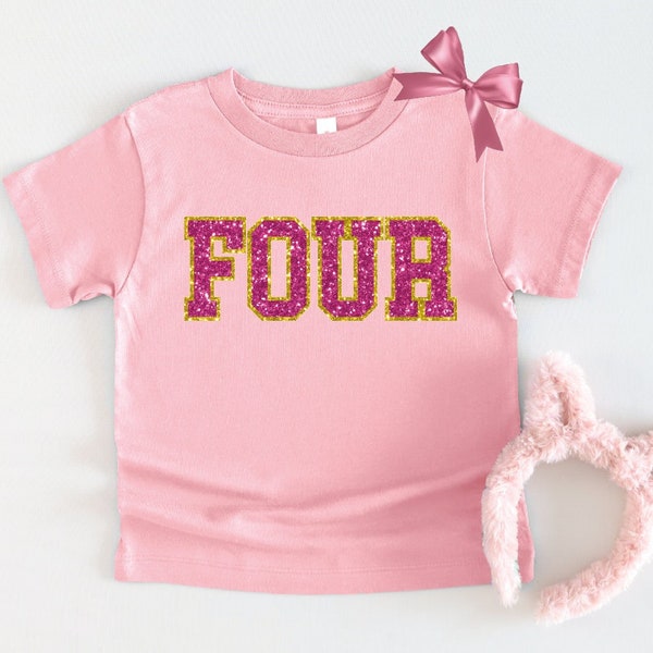 4th Birthday Shirt Girl, Faux Glitter Bday Tee, Four Tshirt, Fourth Birthday Outfit for Girls, Fourth Birthday Gift, 4th Party Tee