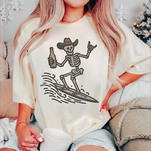 Summer Cowboy Shirt, Surfer Skeleton TShirt, Western Oversized Shirt, Funny Country Shirt, Beach Graphic Tees
