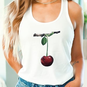 Cherry Tank Top, Fruit Tank Top for Her, Vintage Style Cherry Crop Top, Cherry Lover Racerback, Summer Food Retro V-Neck, Cute Cherry V-Neck