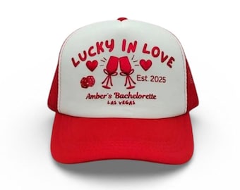 Custom Bachelorette Party Hats, Lucky in Love Trucker Caps, Metallic Foil Print
