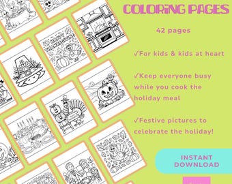 May include: A collection of Thanksgiving-themed colouring pages, each with a black and white illustration. The image includes text that says "Thanksgiving Coloring Pages" and "42 pages". The pages feature pumpkins and turkeys.