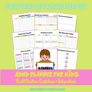 Könnte beinhalten: ADHS-Planer für Kinder mit verschiedenen druckbaren Seiten, darunter ein Leseplaner, ein Passwort-Tracker und ein Geburtstagstracker. Der Planer zeigt eine Cartoon-Illustration und den Text "Focus Tools That Actually Feel Fun."