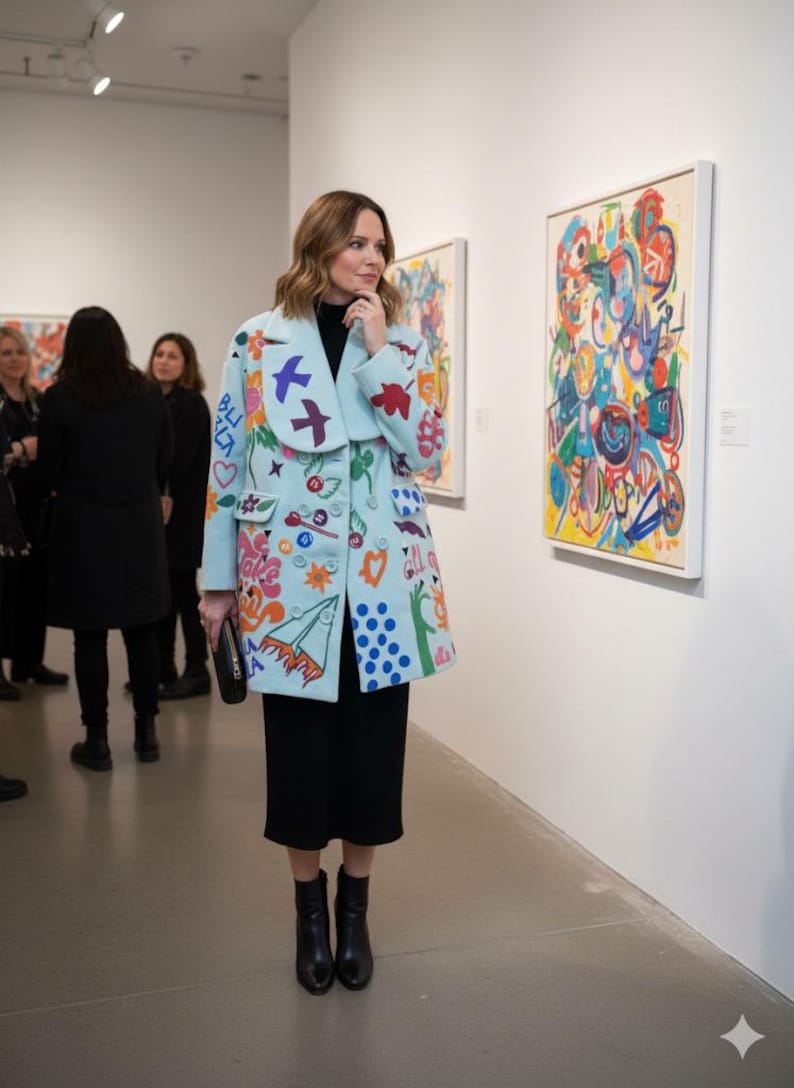 May include: A light blue coat with colorful embroidered designs, including flowers, birds, and geometric shapes. The coat is worn over a black dress and paired with black boots. The setting appears to be an art gallery.
