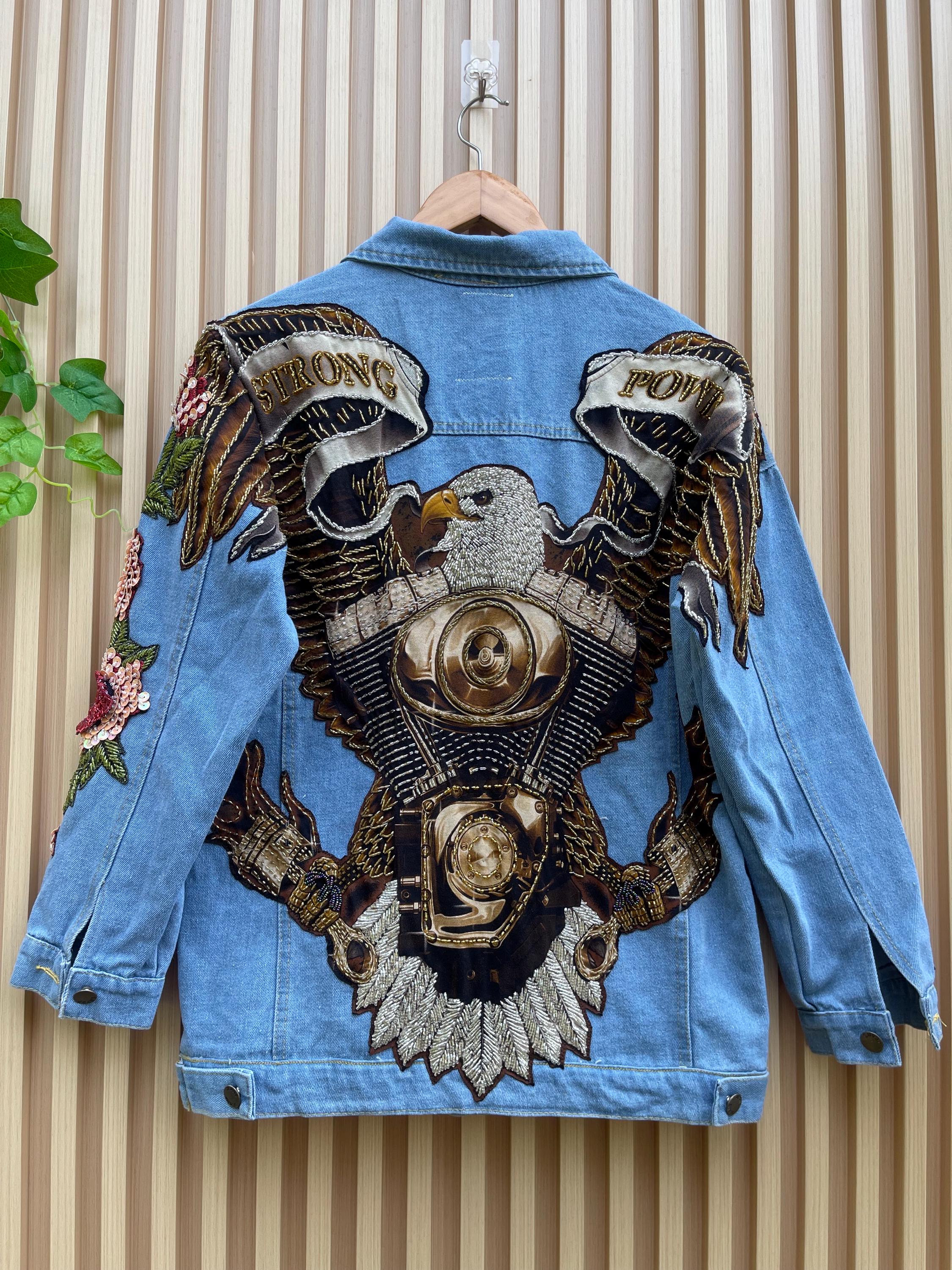 Embroidered Denim Jacket: Vintage Biker Eagle Motorcycle Patch - Etsy