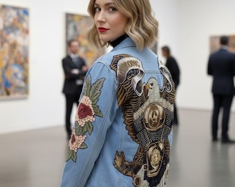 Embroidered Denim Jacket: Vintage Biker Eagle Motorcycle Patch