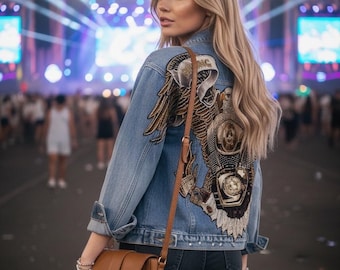 Handmade Embroidered Denim Biker Jacket: Eagle & Motorcycle Patch