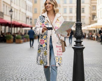 Hand-Painted Floral Wool-Blend Coat, Unique Artistic Outerwear