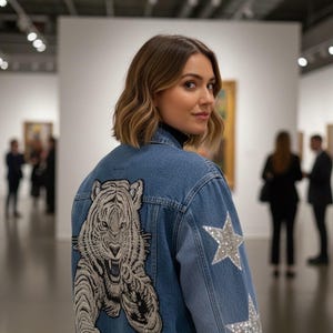 Handmade Embroidered Denim Jacket – Tiger Patch Jean Jacket with Sequin Stars, Statement Streetwear Gender-Neutral
