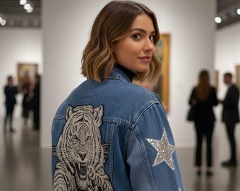 Handmade Embroidered Denim Jacket – Tiger Patch Jean Jacket with Sequin Stars, Statement Streetwear Gender-Neutral